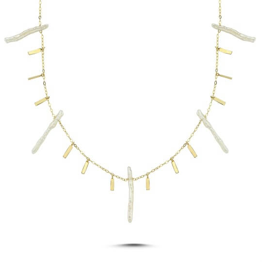 İnci Kolyeler Penna Jewels 3mm uzunlugunda  Barok Çubuk İnci ve 2x7mm olçüleründe Plaka Pul Sallantılı Altın Zincir Kolye – Cordellia