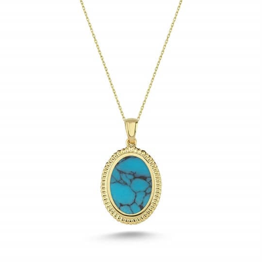 KolyePenna Jewels  Magro Klasik  Altın Kolye –1,5x2 cm oval ölçüsü ile Mavi Turkuaz  Taşlı Klasik Altın Kolye. 