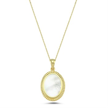 KolyePenna Jewels  Magro Klasik  Altın Kolye –1,5x2 cm oval ölçüsü ile Beyaz Sedef Taşlı Klasik Altın Kolye. 