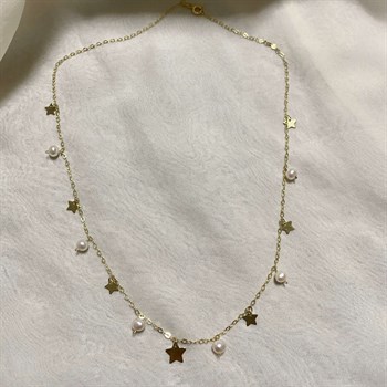 İnci KolyelerYıldız ve İnci Sallantılı Altın Kolye - Perla Star - Penna Jewels
